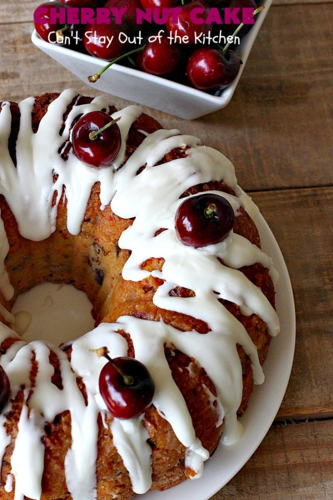 Cherry Nut Cake | Can't Stay Out of the Kitchen | this vintage #recipe uses #FreshCherries, #CherryChipCakeMix, #Pecans & #coconut. It's absolutely mouthwatering & will surely cure any sweet tooth craving you have. Great #summer #dessert when #cherries are in season. #CherryNutCake #CherryCake #CherryDessert #Holiday #cake #HolidayDessert #Fourth of July Dessert #FavoriteCherryCake