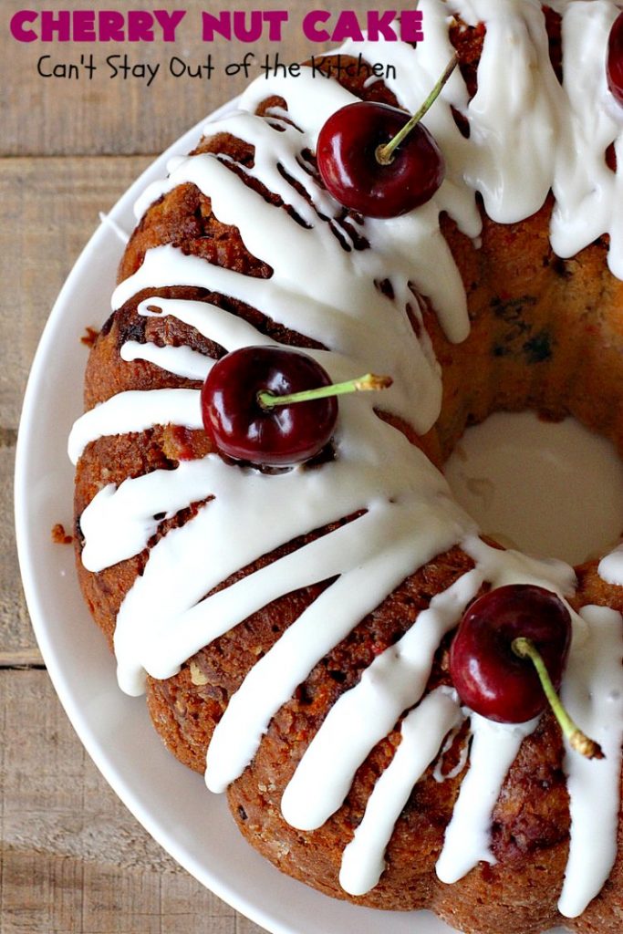 Cherry Nut Cake | Can't Stay Out of the Kitchen | this vintage #recipe uses #FreshCherries, #CherryChipCakeMix, #Pecans & #coconut. It's absolutely mouthwatering & will surely cure any sweet tooth craving you have. Great #summer #dessert when #cherries are in season. #CherryNutCake #CherryCake #CherryDessert #Holiday #cake #HolidayDessert #Fourth of July Dessert #FavoriteCherryCake
