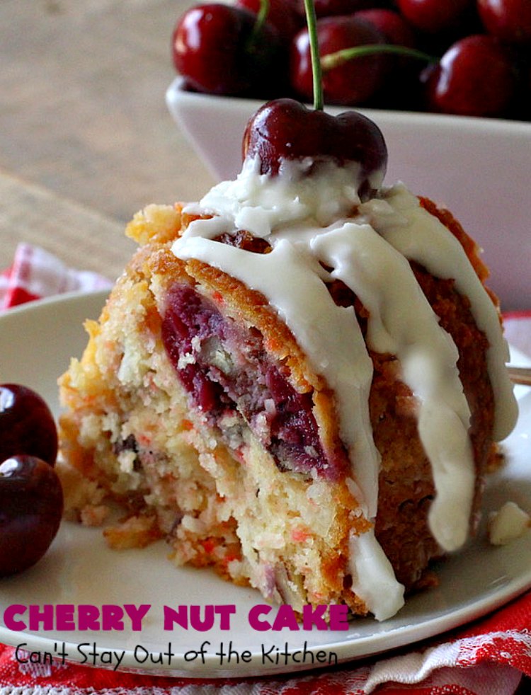 Cherry Nut Cake | Can't Stay Out of the Kitchen | this vintage #recipe uses #FreshCherries, #CherryChipCakeMix, #Pecans & #coconut. It's absolutely mouthwatering & will surely cure any sweet tooth craving you have. Great #summer #dessert when #cherries are in season. #CherryNutCake #CherryCake #CherryDessert #Holiday #cake #HolidayDessert #Fourth of July Dessert #FavoriteCherryCake