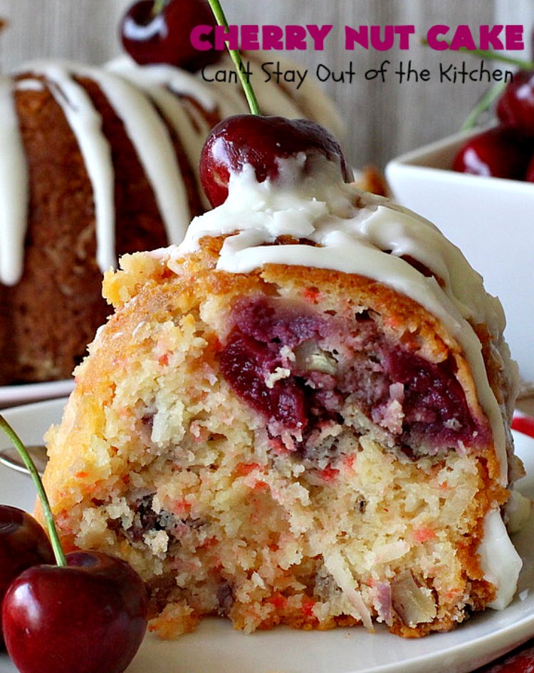 Cherry Nut Cake | Can't Stay Out of the Kitchen | this vintage #recipe uses #FreshCherries, #CherryChipCakeMix, #Pecans & #coconut. It's absolutely mouthwatering & will surely cure any sweet tooth craving you have. Great #summer #dessert when #cherries are in season. #CherryNutCake #CherryCake #CherryDessert #Holiday #cake #HolidayDessert #Fourth of July Dessert #FavoriteCherryCake