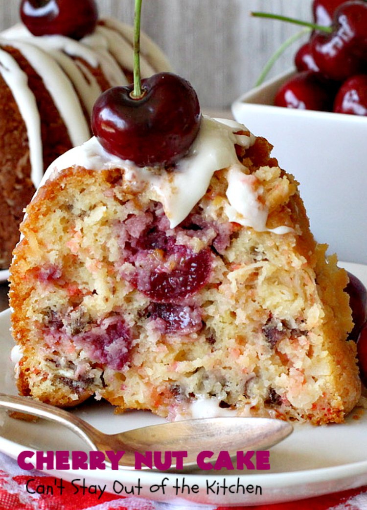 Cherry Nut Cake | Can't Stay Out of the Kitchen | this vintage #recipe uses #FreshCherries, #CherryChipCakeMix, #Pecans & #coconut. It's absolutely mouthwatering & will surely cure any sweet tooth craving you have. Great #summer #dessert when #cherries are in season. #CherryNutCake #CherryCake #CherryDessert #Holiday #cake #HolidayDessert #Fourth of July Dessert #FavoriteCherryCake