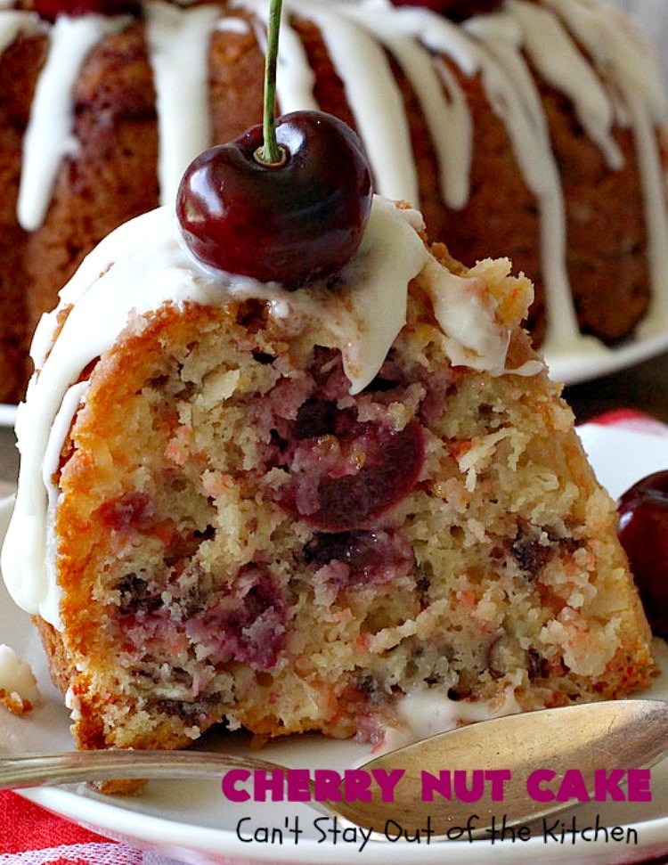 Cherry Nut Cake | Can't Stay Out of the Kitchen | this vintage #recipe uses #FreshCherries, #CherryChipCakeMix, #Pecans & #coconut. It's absolutely mouthwatering & will surely cure any sweet tooth craving you have. Great #summer #dessert when #cherries are in season. #CherryNutCake #CherryCake #CherryDessert #Holiday #cake #HolidayDessert #Fourth of July Dessert #FavoriteCherryCake