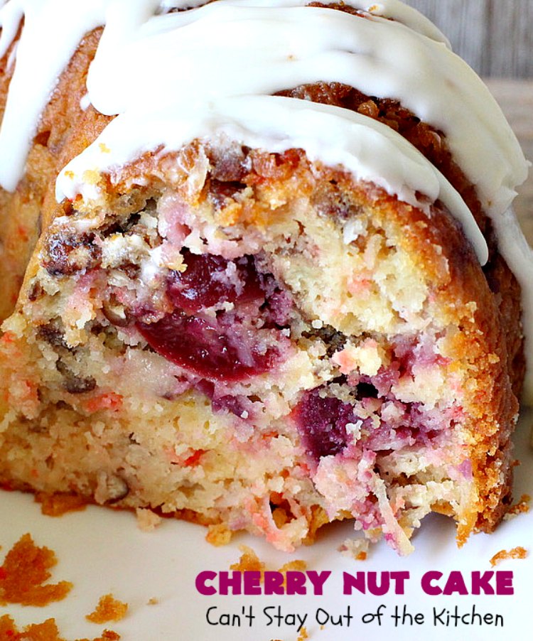 Cherry Nut Cake | Can't Stay Out of the Kitchen | this vintage #recipe uses #FreshCherries, #CherryChipCakeMix, #Pecans & #coconut. It's absolutely mouthwatering & will surely cure any sweet tooth craving you have. Great #summer #dessert when #cherries are in season. #CherryNutCake #CherryCake #CherryDessert #Holiday #cake #HolidayDessert #Fourth of July Dessert #FavoriteCherryCake