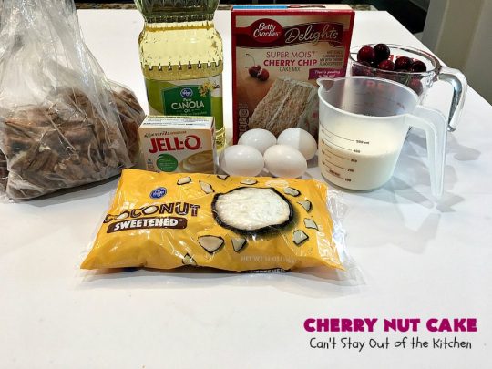 Cherry Nut Cake | Can't Stay Out of the Kitchen | this vintage #recipe uses #FreshCherries, #CherryChipCakeMix, #Pecans & #coconut. It's absolutely mouthwatering & will surely cure any sweet tooth craving you have. Great #summer #dessert when #cherries are in season. #CherryNutCake #CherryCake #CherryDessert #Holiday #cake #HolidayDessert #Fourth of July Dessert #FavoriteCherryCake