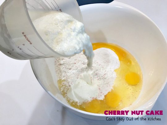Cherry Nut Cake | Can't Stay Out of the Kitchen | this vintage #recipe uses #FreshCherries, #CherryChipCakeMix, #Pecans & #coconut. It's absolutely mouthwatering & will surely cure any sweet tooth craving you have. Great #summer #dessert when #cherries are in season. #CherryNutCake #CherryCake #CherryDessert #Holiday #cake #HolidayDessert #Fourth of July Dessert #FavoriteCherryCake