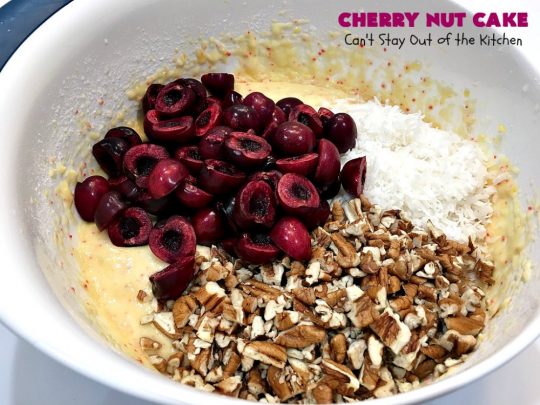 Cherry Nut Cake | Can't Stay Out of the Kitchen | this vintage #recipe uses #FreshCherries, #CherryChipCakeMix, #Pecans & #coconut. It's absolutely mouthwatering & will surely cure any sweet tooth craving you have. Great #summer #dessert when #cherries are in season. #CherryNutCake #CherryCake #CherryDessert #Holiday #cake #HolidayDessert #Fourth of July Dessert #FavoriteCherryCake