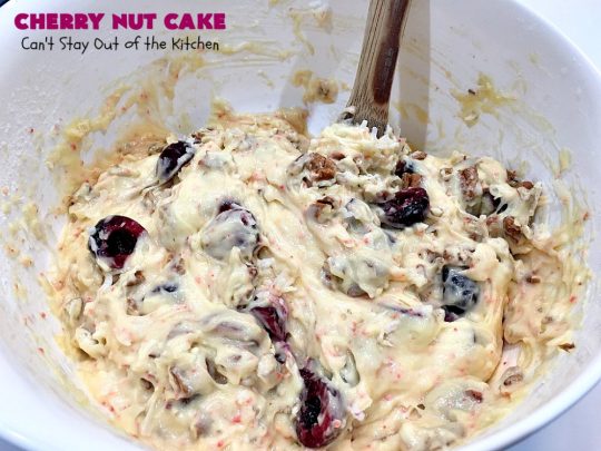 Cherry Nut Cake | Can't Stay Out of the Kitchen | this vintage #recipe uses #FreshCherries, #CherryChipCakeMix, #Pecans & #coconut. It's absolutely mouthwatering & will surely cure any sweet tooth craving you have. Great #summer #dessert when #cherries are in season. #CherryNutCake #CherryCake #CherryDessert #Holiday #cake #HolidayDessert #Fourth of July Dessert #FavoriteCherryCake