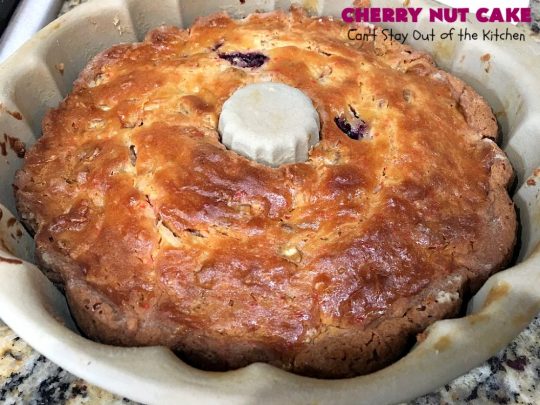 Cherry Nut Cake | Can't Stay Out of the Kitchen | this vintage #recipe uses #FreshCherries, #CherryChipCakeMix, #Pecans & #coconut. It's absolutely mouthwatering & will surely cure any sweet tooth craving you have. Great #summer #dessert when #cherries are in season. #CherryNutCake #CherryCake #CherryDessert #Holiday #cake #HolidayDessert #Fourth of July Dessert #FavoriteCherryCake