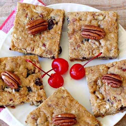 Cherry Pecan Bars | Can't Stay Out of the Kitchen | these crunchy bar-type #cookies are sensational. Perfect for backyard BBQs, potlucks, #tailgating or office parties or summer #holidays. #cherries #coconut #DriedCherries #pecans #brownie #dessert #CherryDessert #HolidayDessert #CherryPecanBars