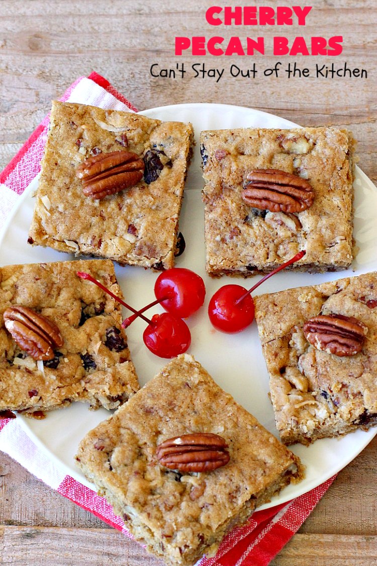 Cherry Pecan Bars | Can't Stay Out of the Kitchen | these crunchy bar-type #cookies are sensational. Perfect for backyard BBQs, potlucks, #tailgating or office parties or summer #holidays. #cherries #coconut #DriedCherries #pecans #brownie #dessert #CherryDessert #HolidayDessert #CherryPecanBars