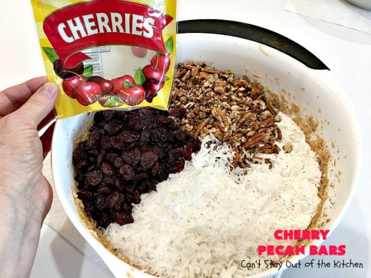 Cherry Pecan Bars | Can't Stay Out of the Kitchen | these crunchy bar-type #cookies are sensational. Perfect for backyard BBQs, potlucks, #tailgating or office parties or summer #holidays. #cherries #coconut #DriedCherries #pecans #brownie #dessert #CherryDessert #HolidayDessert #CherryPecanBars