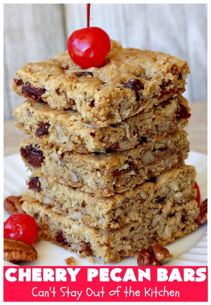 Cherry Pecan Bars | Can't Stay Out of the Kitchen | these crunchy bar-type #cookies are sensational. Perfect for backyard BBQs, potlucks, #tailgating or office parties or summer #holidays. #cherries #coconut #DriedCherries #pecans #brownie #dessert #CherryDessert #HolidayDessert #CherryPecanBars
