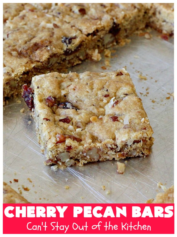 Cherry Pecan Bars | Can't Stay Out of the Kitchen | these crunchy bar-type #cookies are sensational. Perfect for backyard BBQs, potlucks, #tailgating or office parties or summer #holidays. #cherries #coconut #DriedCherries #pecans #brownie #dessert #CherryDessert #HolidayDessert #CherryPecanBars