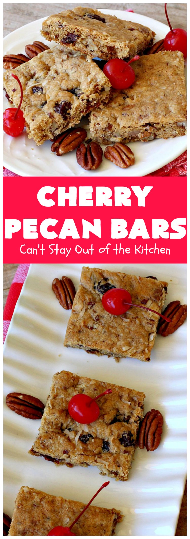 Cherry Pecan Bars | Can't Stay Out of the Kitchen | these crunchy bar-type #cookies are sensational. Perfect for backyard BBQs, potlucks, #tailgating or office parties or summer #holidays. #cherries #coconut #DriedCherries #pecans #brownie #dessert #CherryDessert #HolidayDessert #CherryPecanBars