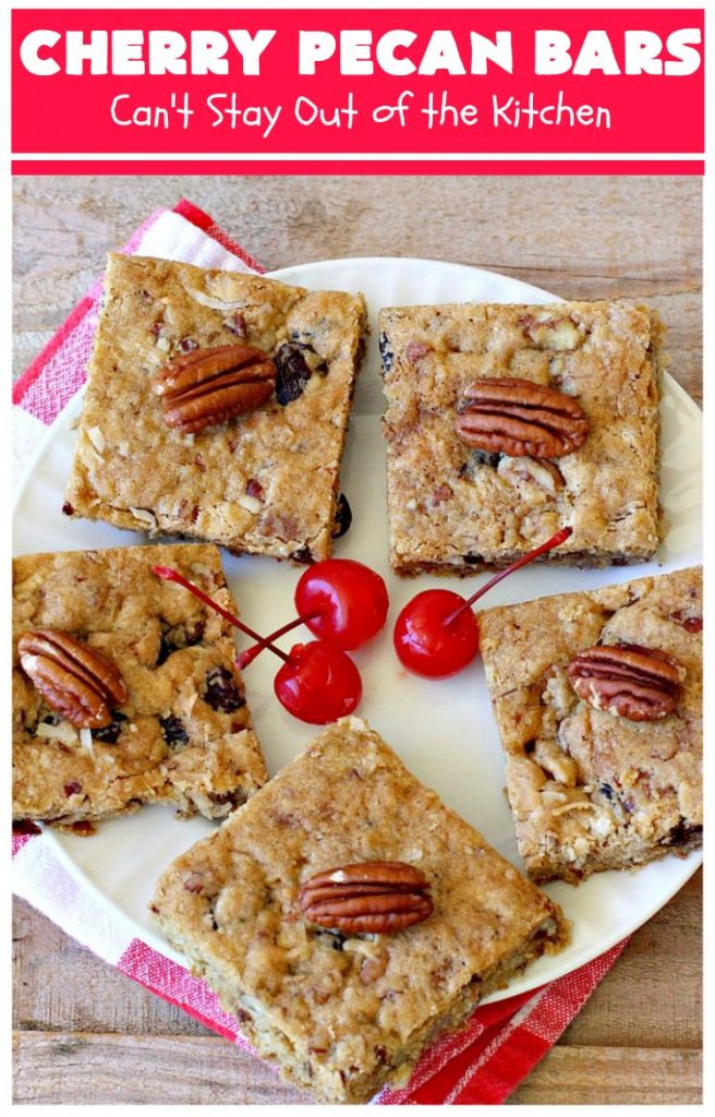 Cherry Pecan Bars | Can't Stay Out of the Kitchen | these crunchy bar-type #cookies are sensational. Perfect for backyard BBQs, potlucks, #tailgating or office parties or summer #holidays. #cherries #coconut #DriedCherries #pecans #brownie #dessert #CherryDessert #HolidayDessert #CherryPecanBars