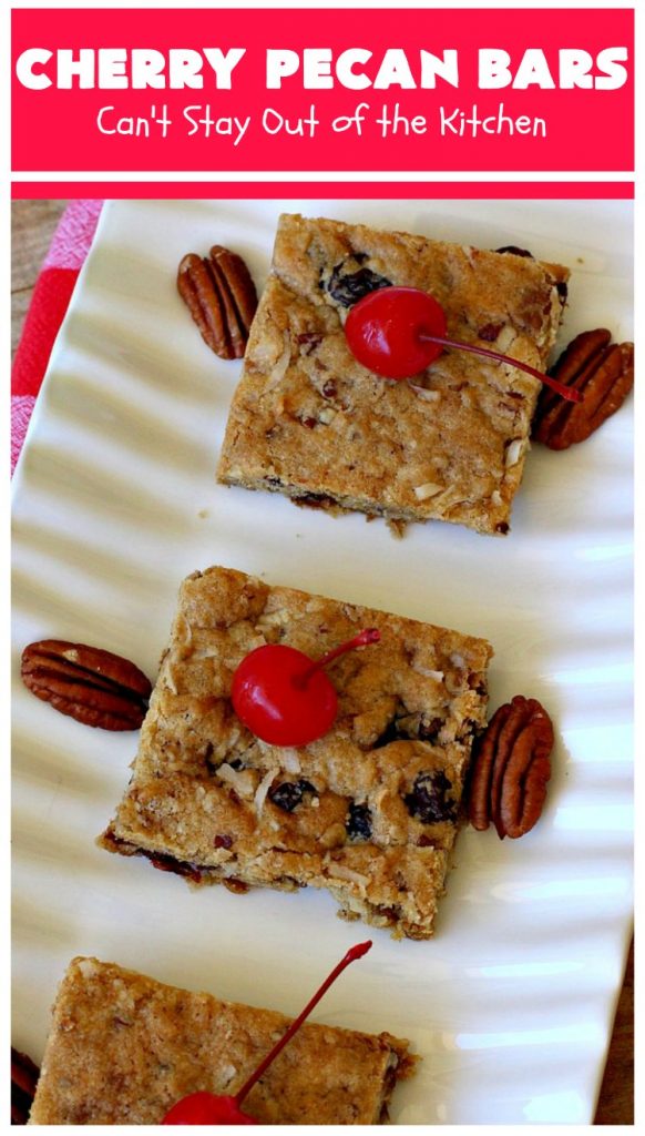 Cherry Pecan Bars | Can't Stay Out of the Kitchen | these crunchy bar-type #cookies are sensational. Perfect for backyard BBQs, potlucks, #tailgating or office parties or summer #holidays. #cherries #coconut #DriedCherries #pecans #brownie #dessert #CherryDessert #HolidayDessert #CherryPecanBars