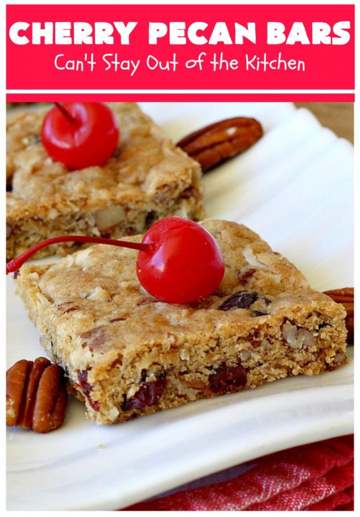 Cherry Pecan Bars | Can't Stay Out of the Kitchen | these crunchy bar-type #cookies are sensational. Perfect for backyard BBQs, potlucks, #tailgating or office parties or summer #holidays. #cherries #coconut #DriedCherries #pecans #brownie #dessert #CherryDessert #HolidayDessert #CherryPecanBars