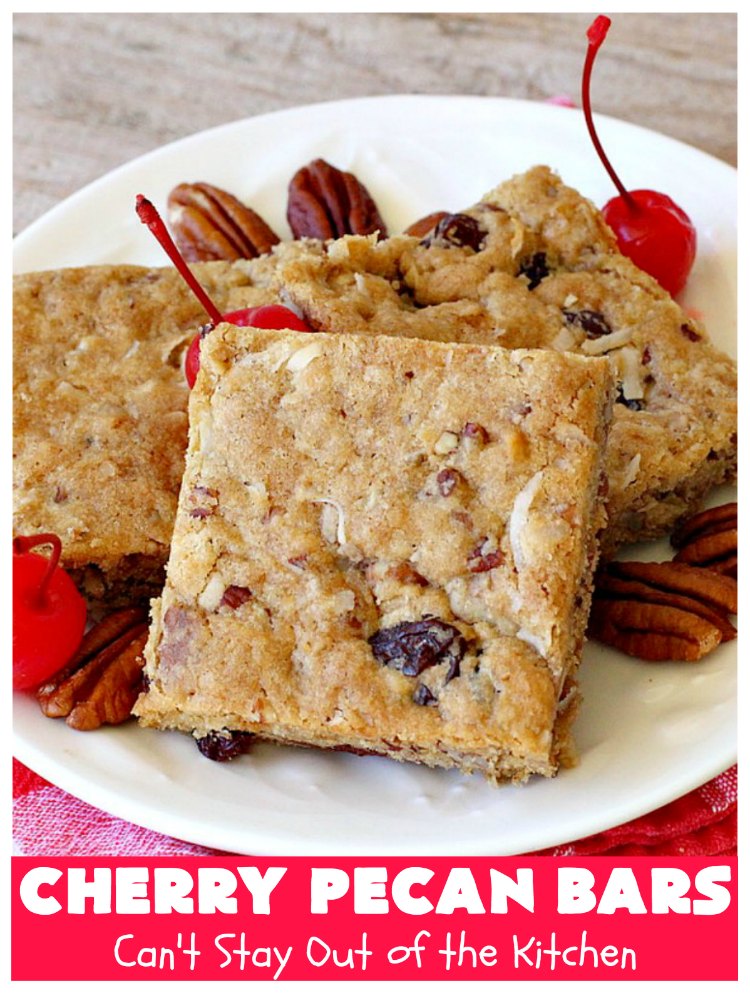Cherry Pecan Bars | Can't Stay Out of the Kitchen | these crunchy bar-type #cookies are sensational. Perfect for backyard BBQs, potlucks, #tailgating or office parties or summer #holidays. #cherries #coconut #DriedCherries #pecans #brownie #dessert #CherryDessert #HolidayDessert #CherryPecanBars