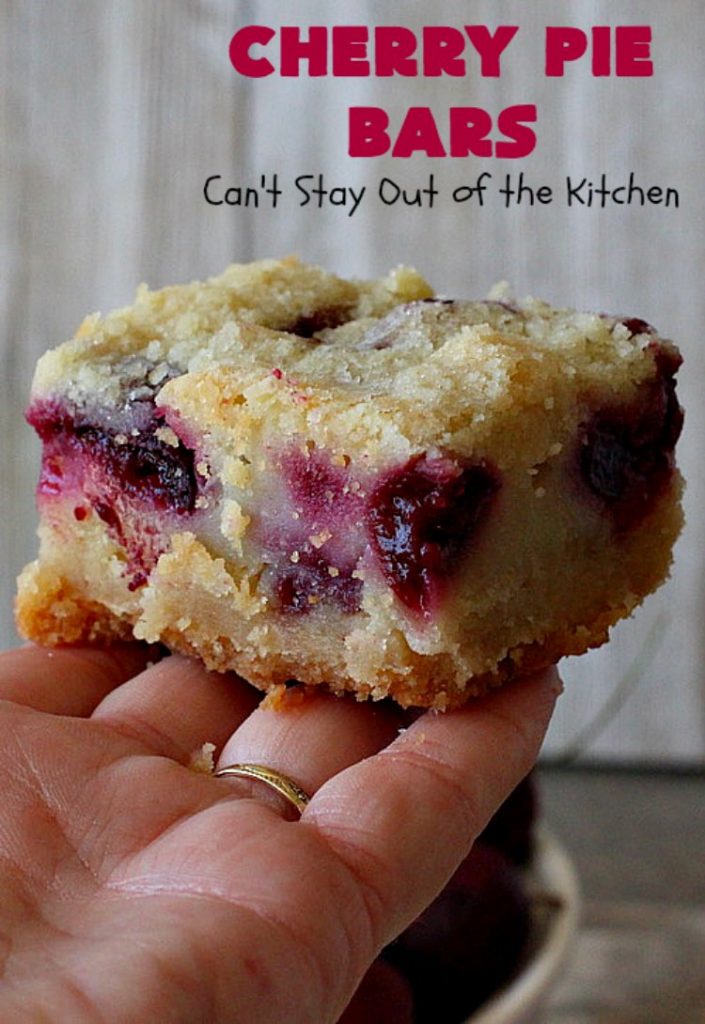 Cherry Pie Bars | Can't Stay Out of the Kitchen | These spectacular #cookie-type bars have the taste of #cherrypie without all the work! They're fantastic for summer potlucks when fresh #cherries are in season. #dessert #cherrydessert #Canbassador #NorthwestCherryGrowers