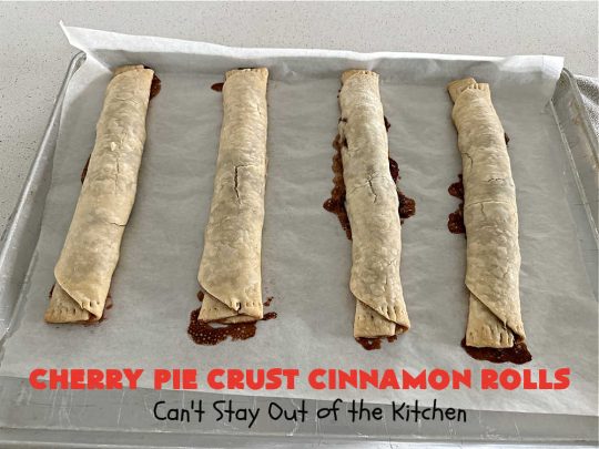 Cherry Pie Crust Cinnamon Rolls | Can't Stay Out of the Kitchen | You'll be swooning over every bite of these luscious #PieCrustCinnamonRolls. These include #CherryPreserves so they are doubly delicious. Great sweet treat for #breakfast or #brunch menus. This quick & easy #5IngredientRecipe can be whipped up in a jiffy so these #CinnamonRolls can be enjoyed all day long! #cherries #CherryPieCrustCinnamonRolls