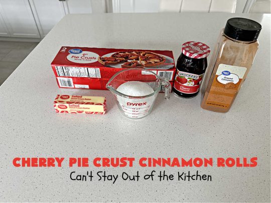 Cherry Pie Crust Cinnamon Rolls | Can't Stay Out of the Kitchen | You'll be swooning over every bite of these luscious #PieCrustCinnamonRolls. These include #CherryPreserves so they are doubly delicious. Great sweet treat for #breakfast or #brunch menus. This quick & easy #5IngredientRecipe can be whipped up in a jiffy so these #CinnamonRolls can be enjoyed all day long! #cherries #CherryPieCrustCinnamonRolls