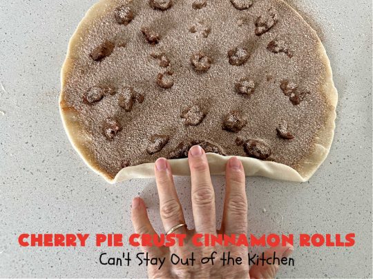 Cherry Pie Crust Cinnamon Rolls | Can't Stay Out of the Kitchen | You'll be swooning over every bite of these luscious #PieCrustCinnamonRolls. These include #CherryPreserves so they are doubly delicious. Great sweet treat for #breakfast or #brunch menus. This quick & easy #5IngredientRecipe can be whipped up in a jiffy so these #CinnamonRolls can be enjoyed all day long! #cherries #CherryPieCrustCinnamonRolls