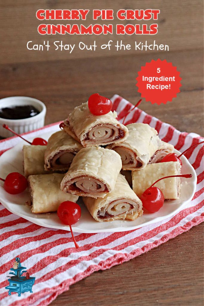 Cherry Pie Crust Cinnamon Rolls | Can't Stay Out of the Kitchen | You'll be swooning over every bite of these luscious #PieCrustCinnamonRolls. These include #CherryPreserves so they are doubly delicious. Great sweet treat for #breakfast or #brunch menus. This quick & easy #5IngredientRecipe can be whipped up in a jiffy so these #CinnamonRolls can be enjoyed all day long! #cherries #CherryPieCrustCinnamonRolls