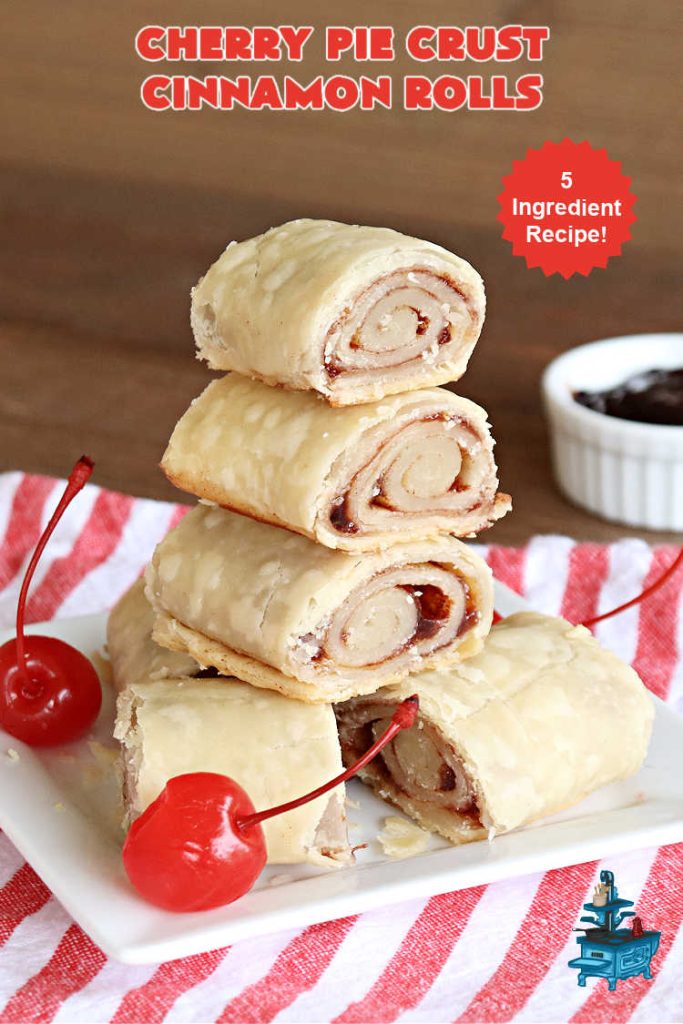 Cherry Pie Crust Cinnamon Rolls | Can't Stay Out of the Kitchen | You'll be swooning over every bite of these luscious #PieCrustCinnamonRolls. These include #CherryPreserves so they are doubly delicious. Great sweet treat for #breakfast or #brunch menus. This quick & easy #5IngredientRecipe can be whipped up in a jiffy so these #CinnamonRolls can be enjoyed all day long! #cherries #CherryPieCrustCinnamonRolls