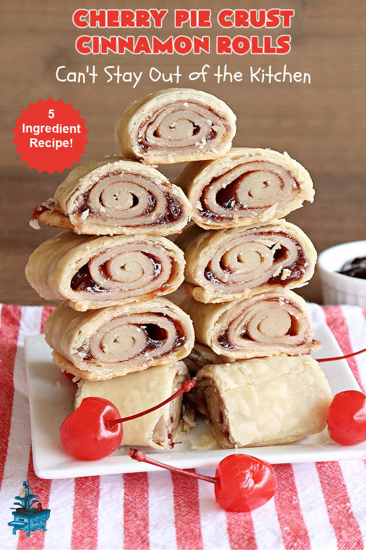Cherry Pie Crust Cinnamon Rolls | Can't Stay Out of the Kitchen | You'll be swooning over every bite of these luscious #PieCrustCinnamonRolls. These include #CherryPreserves so they are doubly delicious. Great sweet treat for #breakfast or #brunch menus. This quick & easy #5IngredientRecipe can be whipped up in a jiffy so these #CinnamonRolls can be enjoyed all day long! #cherries #CherryPieCrustCinnamonRolls