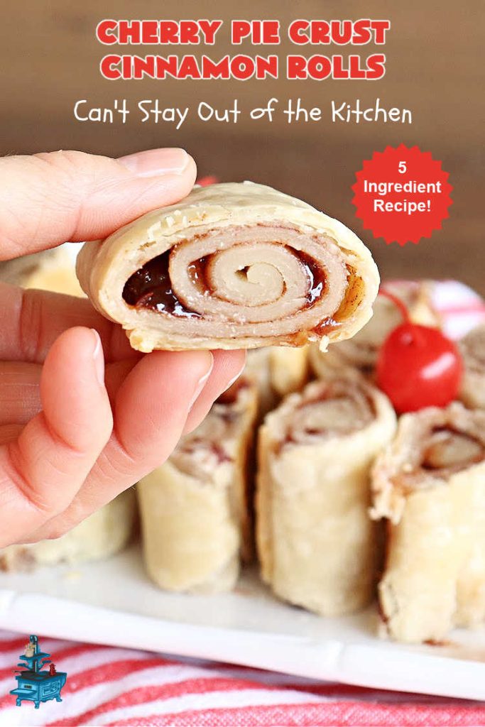 Cherry Pie Crust Cinnamon Rolls | Can't Stay Out of the Kitchen | You'll be swooning over every bite of these luscious #PieCrustCinnamonRolls. These include #CherryPreserves so they are doubly delicious. Great sweet treat for #breakfast or #brunch menus. This quick & easy #5IngredientRecipe can be whipped up in a jiffy so these #CinnamonRolls can be enjoyed all day long! #cherries #CherryPieCrustCinnamonRolls