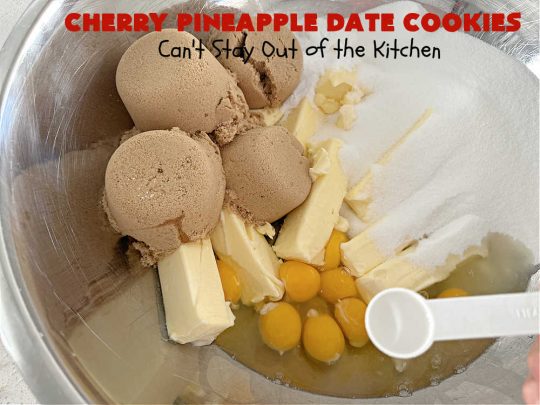 Cherry Pineapple Date Cookies | Can't Stay Out of the Kitchen | these festive & beautiful #OatmealCookies are fantastic for #holiday #baking & gift-giving. They include #pecans, #coconut, #CandiedCherries, #CandiedPineapple & #dates along with #AlmondExtract to increase the flavor. Absolutely delightful for a #ChristmasCookieExchange, #tailgating or office party or to enjoy the #HolidaySeason. #ParadiseFruit #dessert #CherryPineappleDateCookies