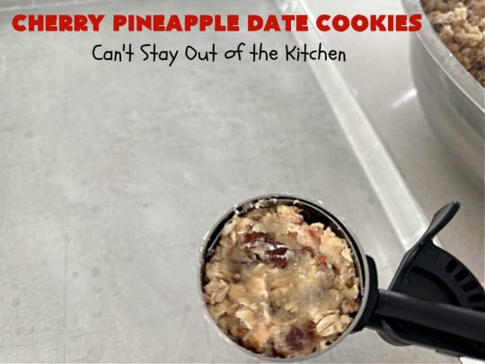 Cherry Pineapple Date Cookies | Can't Stay Out of the Kitchen | these festive & beautiful #OatmealCookies are fantastic for #holiday #baking & gift-giving. They include #pecans, #coconut, #CandiedCherries, #CandiedPineapple & #dates along with #AlmondExtract to increase the flavor. Absolutely delightful for a #ChristmasCookieExchange, #tailgating or office party or to enjoy the #HolidaySeason. #ParadiseFruit #dessert #CherryPineappleDateCookies