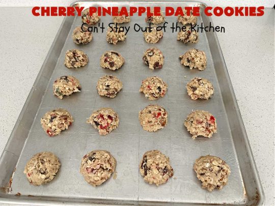 Cherry Pineapple Date Cookies | Can't Stay Out of the Kitchen | these festive & beautiful #OatmealCookies are fantastic for #holiday #baking & gift-giving. They include #pecans, #coconut, #CandiedCherries, #CandiedPineapple & #dates along with #AlmondExtract to increase the flavor. Absolutely delightful for a #ChristmasCookieExchange, #tailgating or office party or to enjoy the #HolidaySeason. #ParadiseFruit #dessert #CherryPineappleDateCookies