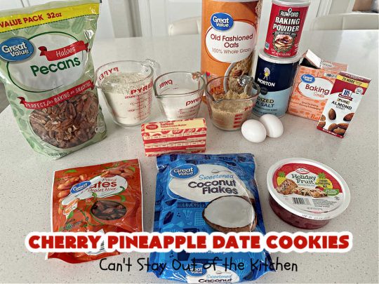 Cherry Pineapple Date Cookies | Can't Stay Out of the Kitchen | these festive & beautiful #OatmealCookies are fantastic for #holiday #baking & gift-giving. They include #pecans, #coconut, #CandiedCherries, #CandiedPineapple & #dates along with #AlmondExtract to increase the flavor. Absolutely delightful for a #ChristmasCookieExchange, #tailgating or office party or to enjoy the #HolidaySeason. #ParadiseFruit #dessert #CherryPineappleDateCookies