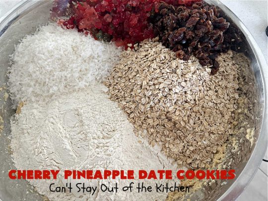 Cherry Pineapple Date Cookies | Can't Stay Out of the Kitchen | these festive & beautiful #OatmealCookies are fantastic for #holiday #baking & gift-giving. They include #pecans, #coconut, #CandiedCherries, #CandiedPineapple & #dates along with #AlmondExtract to increase the flavor. Absolutely delightful for a #ChristmasCookieExchange, #tailgating or office party or to enjoy the #HolidaySeason. #ParadiseFruit #dessert #CherryPineappleDateCookies
