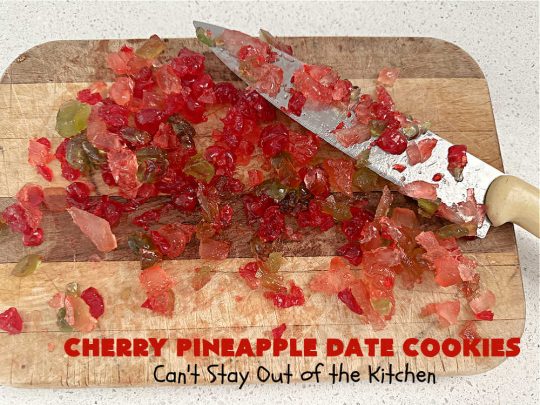Cherry Pineapple Date Cookies | Can't Stay Out of the Kitchen | these festive & beautiful #OatmealCookies are fantastic for #holiday #baking & gift-giving. They include #pecans, #coconut, #CandiedCherries, #CandiedPineapple & #dates along with #AlmondExtract to increase the flavor. Absolutely delightful for a #ChristmasCookieExchange, #tailgating or office party or to enjoy the #HolidaySeason. #ParadiseFruit #dessert #CherryPineappleDateCookies