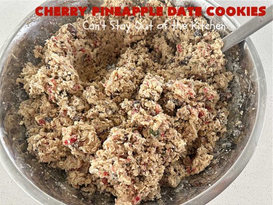 Cherry Pineapple Date Cookies | Can't Stay Out of the Kitchen | these festive & beautiful #OatmealCookies are fantastic for #holiday #baking & gift-giving. They include #pecans, #coconut, #CandiedCherries, #CandiedPineapple & #dates along with #AlmondExtract to increase the flavor. Absolutely delightful for a #ChristmasCookieExchange, #tailgating or office party or to enjoy the #HolidaySeason. #ParadiseFruit #dessert #CherryPineappleDateCookies