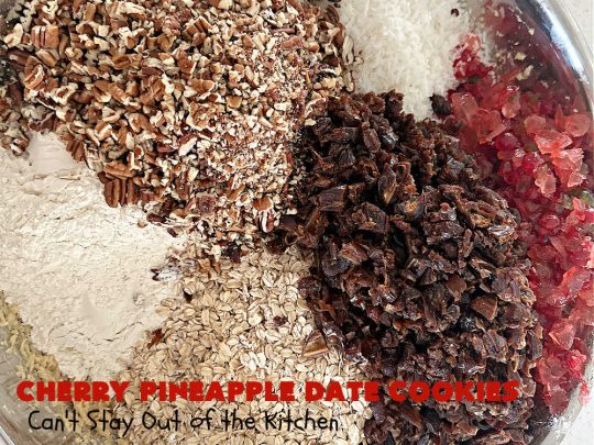 Cherry Pineapple Date Cookies | Can't Stay Out of the Kitchen | these festive & beautiful #OatmealCookies are fantastic for #holiday #baking & gift-giving. They include #pecans, #coconut, #CandiedCherries, #CandiedPineapple & #dates along with #AlmondExtract to increase the flavor. Absolutely delightful for a #ChristmasCookieExchange, #tailgating or office party or to enjoy the #HolidaySeason. #ParadiseFruit #dessert #CherryPineappleDateCookies