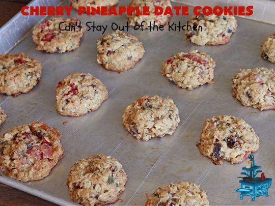 Cherry Pineapple Date Cookies | Can't Stay Out of the Kitchen | these festive & beautiful #OatmealCookies are fantastic for #holiday #baking & gift-giving. They include #pecans, #coconut, #CandiedCherries, #CandiedPineapple & #dates along with #AlmondExtract to increase the flavor. Absolutely delightful for a #ChristmasCookieExchange, #tailgating or office party or to enjoy the #HolidaySeason. #ParadiseFruit #dessert #CherryPineappleDateCookies