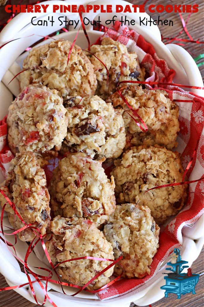 Cherry Pineapple Date Cookies | Can't Stay Out of the Kitchen | these festive & beautiful #OatmealCookies are fantastic for #holiday #baking & gift-giving. They include #pecans, #coconut, #CandiedCherries, #CandiedPineapple & #dates along with #AlmondExtract to increase the flavor. Absolutely delightful for a #ChristmasCookieExchange, #tailgating or office party or to enjoy the #HolidaySeason. #ParadiseFruit #dessert #CherryPineappleDateCookies