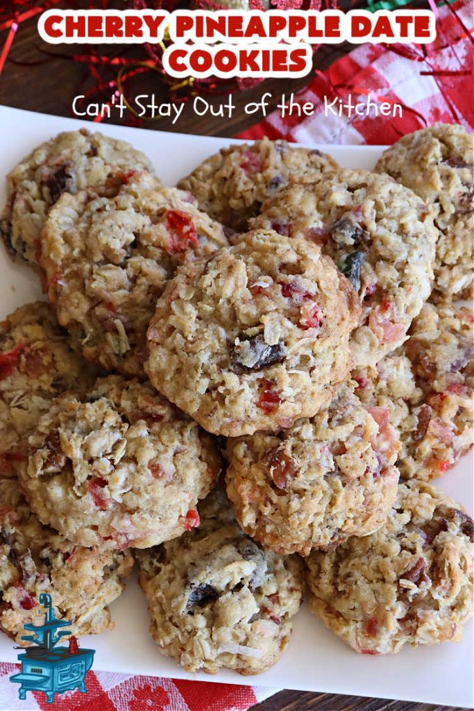 Cherry Pineapple Date Cookies | Can't Stay Out of the Kitchen | these festive & beautiful #OatmealCookies are fantastic for #holiday #baking & gift-giving. They include #pecans, #coconut, #CandiedCherries, #CandiedPineapple & #dates along with #AlmondExtract to increase the flavor. Absolutely delightful for a #ChristmasCookieExchange, #tailgating or office party or to enjoy the #HolidaySeason. #ParadiseFruit #dessert #CherryPineappleDateCookies