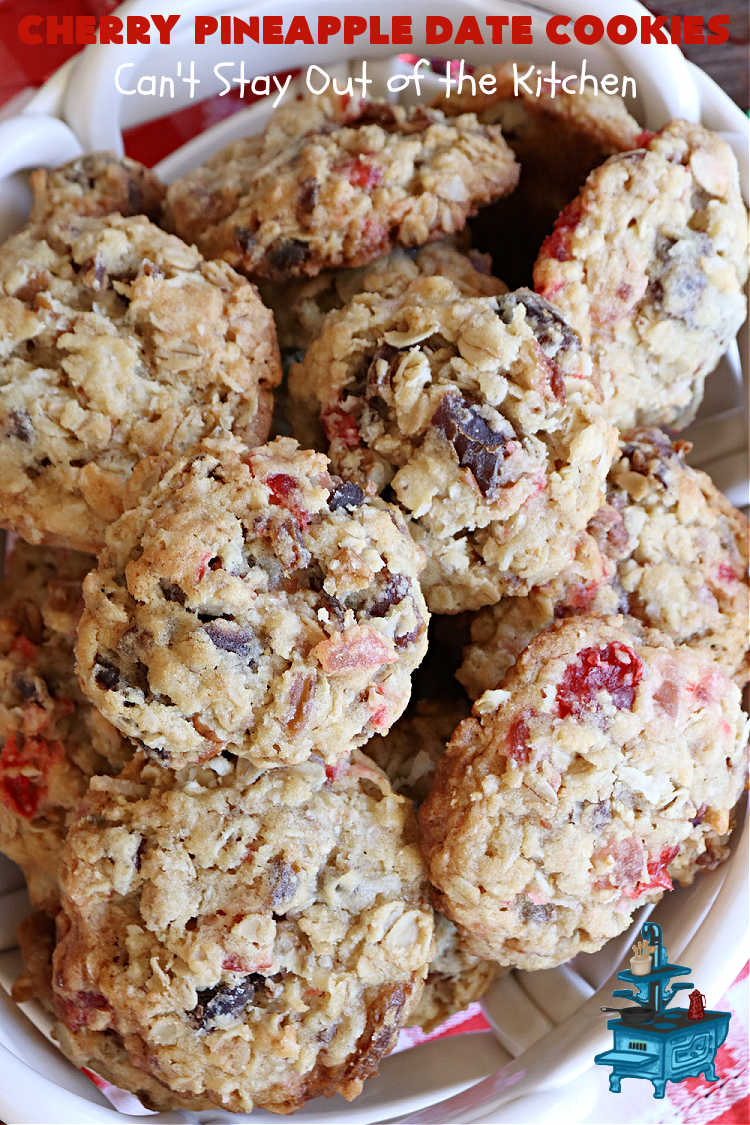 Cherry Pineapple Date Cookies | Can't Stay Out of the Kitchen | these festive & beautiful #OatmealCookies are fantastic for #holiday #baking & gift-giving. They include #pecans, #coconut, #CandiedCherries, #CandiedPineapple & #dates along with #AlmondExtract to increase the flavor. Absolutely delightful for a #ChristmasCookieExchange, #tailgating or office party or to enjoy the #HolidaySeason. #ParadiseFruit #dessert #CherryPineappleDateCookies