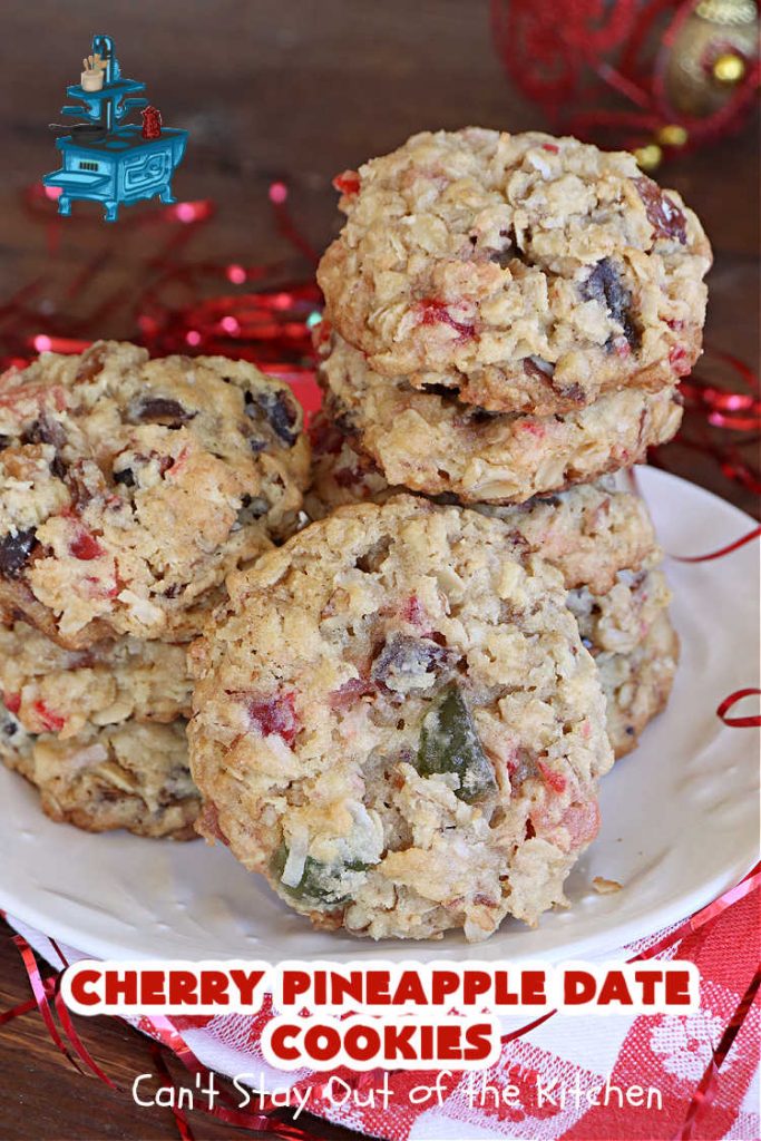 Cherry Pineapple Date Cookies | Can't Stay Out of the Kitchen | these festive & beautiful #OatmealCookies are fantastic for #holiday #baking & gift-giving. They include #pecans, #coconut, #CandiedCherries, #CandiedPineapple & #dates along with #AlmondExtract to increase the flavor. Absolutely delightful for a #ChristmasCookieExchange, #tailgating or office party or to enjoy the #HolidaySeason. #ParadiseFruit #dessert #CherryPineappleDateCookies
