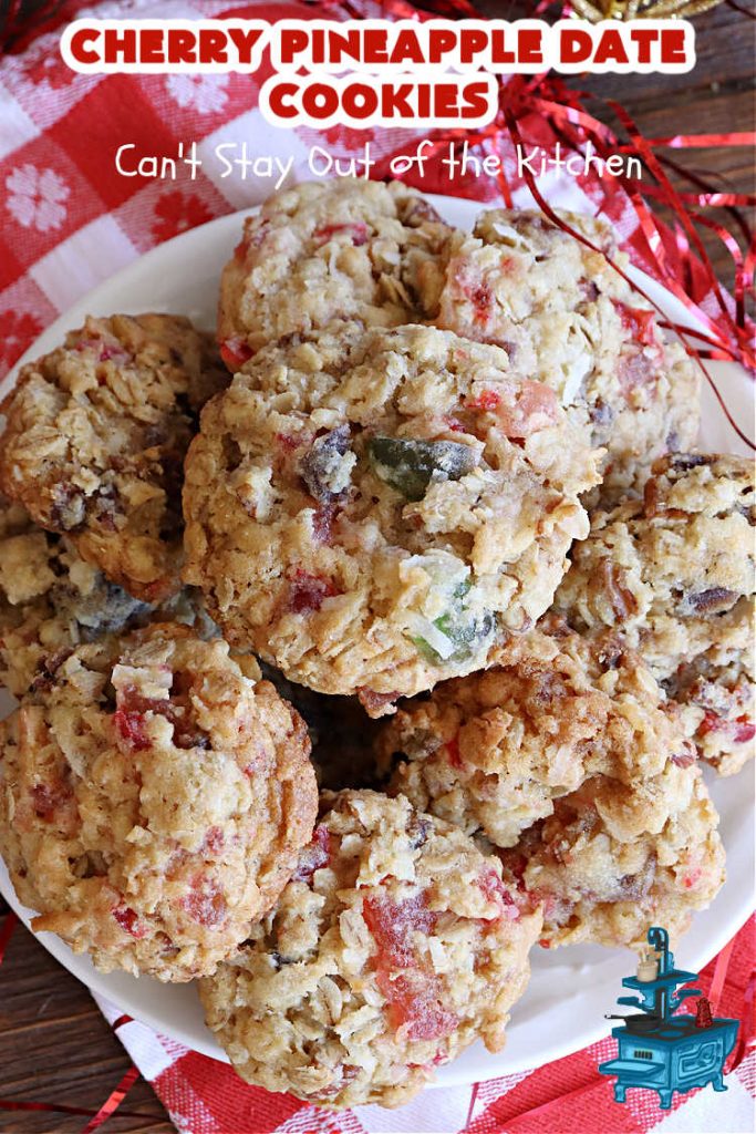 Cherry Pineapple Date Cookies | Can't Stay Out of the Kitchen | these festive & beautiful #OatmealCookies are fantastic for #holiday #baking & gift-giving. They include #pecans, #coconut, #CandiedCherries, #CandiedPineapple & #dates along with #AlmondExtract to increase the flavor. Absolutely delightful for a #ChristmasCookieExchange, #tailgating or office party or to enjoy the #HolidaySeason. #ParadiseFruit #dessert #CherryPineappleDateCookies