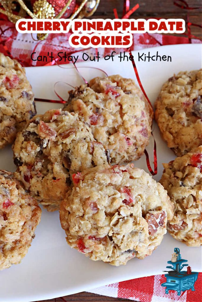 Cherry Pineapple Date Cookies | Can't Stay Out of the Kitchen | these festive & beautiful #OatmealCookies are fantastic for #holiday #baking & gift-giving. They include #pecans, #coconut, #CandiedCherries, #CandiedPineapple & #dates along with #AlmondExtract to increase the flavor. Absolutely delightful for a #ChristmasCookieExchange, #tailgating or office party or to enjoy the #HolidaySeason. #ParadiseFruit #dessert #CherryPineappleDateCookies
