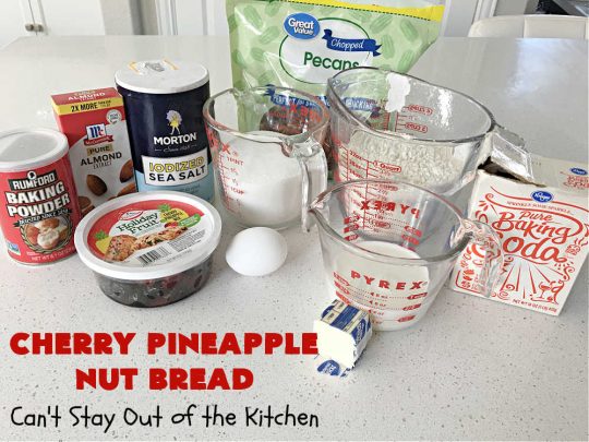 Cherry Pineapple Nut Bread | Can't Stay Out of the Kitchen | this sensational sweet #bread is perfect for the #holidays. It uses #ParadiseFruitCompany's cherry-pineapple mix which includes green & red #cherries & green, red & gold #pineapple. The flavors of this bread are so mouthwatering it's perfect for a #Thanksgiving, #Christmas or #NewYearsDay #breakfast. #pecans #HolidayBread #CherryPineappleNutBread