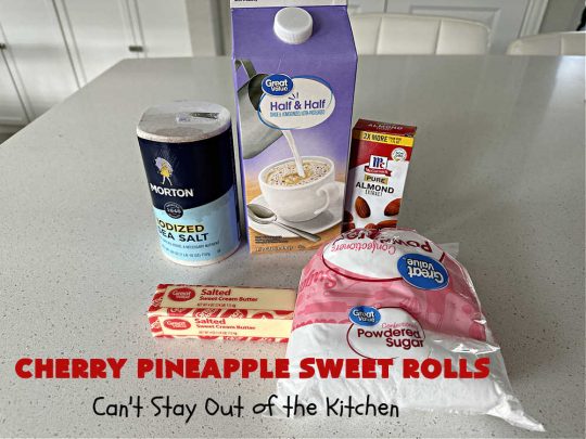 Cherry Pineapple Sweet Rolls | Can't Stay Out of the Kitchen | Prepare to drool over these luscious #SweetRolls. They're filled with a scrumptious #CherryPineappleFruitMix & glazed with a thick #almond icing that makes these #CinnamonRolls so rich and decadent you won't be able to resist them. Wonderful for #holidays or for a weekend or company #breakfast or #brunch. #cherry #pineapple #ParadiseFruit #CherryPineappleSweetRolls