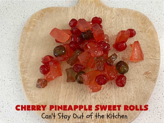 Cherry Pineapple Sweet Rolls | Can't Stay Out of the Kitchen | Prepare to drool over these luscious #SweetRolls. They're filled with a scrumptious #CherryPineappleFruitMix & glazed with a thick #almond icing that makes these #CinnamonRolls so rich and decadent you won't be able to resist them. Wonderful for #holidays or for a weekend or company #breakfast or #brunch. #cherry #pineapple #ParadiseFruit #CherryPineappleSweetRolls