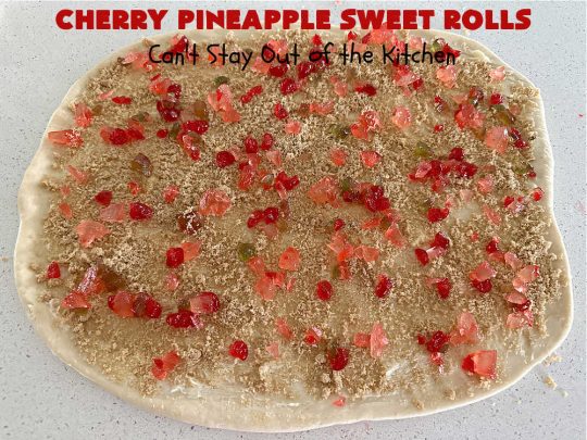 Cherry Pineapple Sweet Rolls | Can't Stay Out of the Kitchen | Prepare to drool over these luscious #SweetRolls. They're filled with a scrumptious #CherryPineappleFruitMix & glazed with a thick #almond icing that makes these #CinnamonRolls so rich and decadent you won't be able to resist them. Wonderful for #holidays or for a weekend or company #breakfast or #brunch. #cherry #pineapple #ParadiseFruit #CherryPineappleSweetRolls