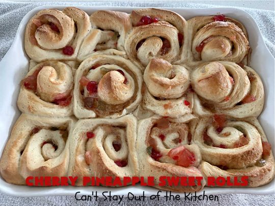 Cherry Pineapple Sweet Rolls | Can't Stay Out of the Kitchen | Prepare to drool over these luscious #SweetRolls. They're filled with a scrumptious #CherryPineappleFruitMix & glazed with a thick #almond icing that makes these #CinnamonRolls so rich and decadent you won't be able to resist them. Wonderful for #holidays or for a weekend or company #breakfast or #brunch. #cherry #pineapple #ParadiseFruit #CherryPineappleSweetRolls